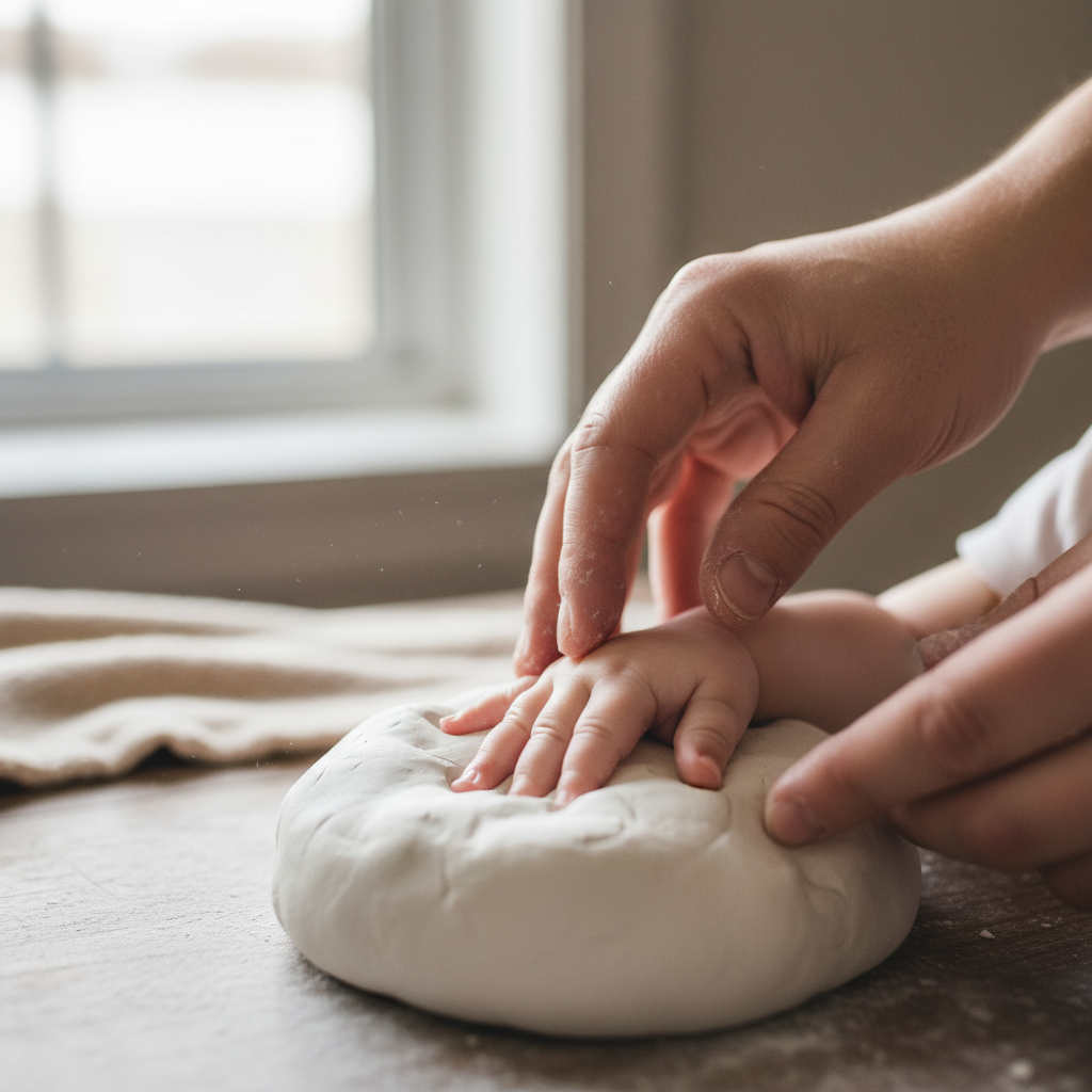 Artisan carefully creating baby hand cast with food-safe alginate molding material in professional studio setting