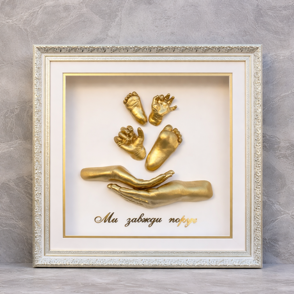 Three generations of family handprints cast together in white plaster frame - grandparent, parent, and child hands showing size progression